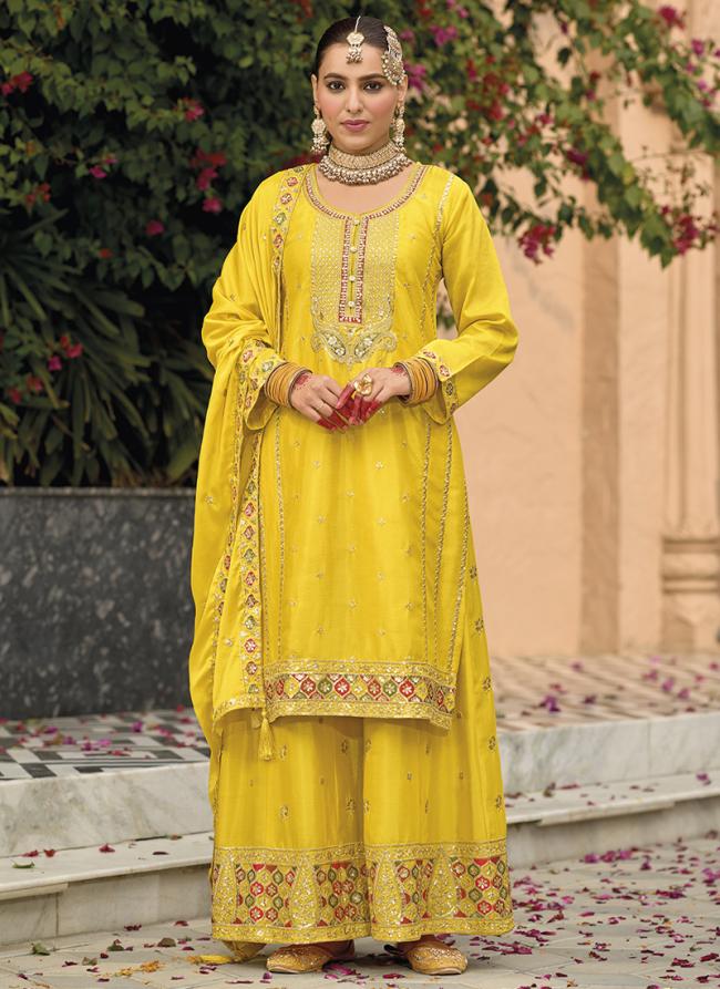 Chinnon Yellow Wedding Wear Zari Work Readymade Plazzo Suit